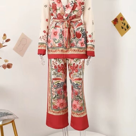 ZARA New Woman Ecru Printed 2-Piece Set – Floral Belted Blazer & Wide-Leg Pants - Picture 7 of 11